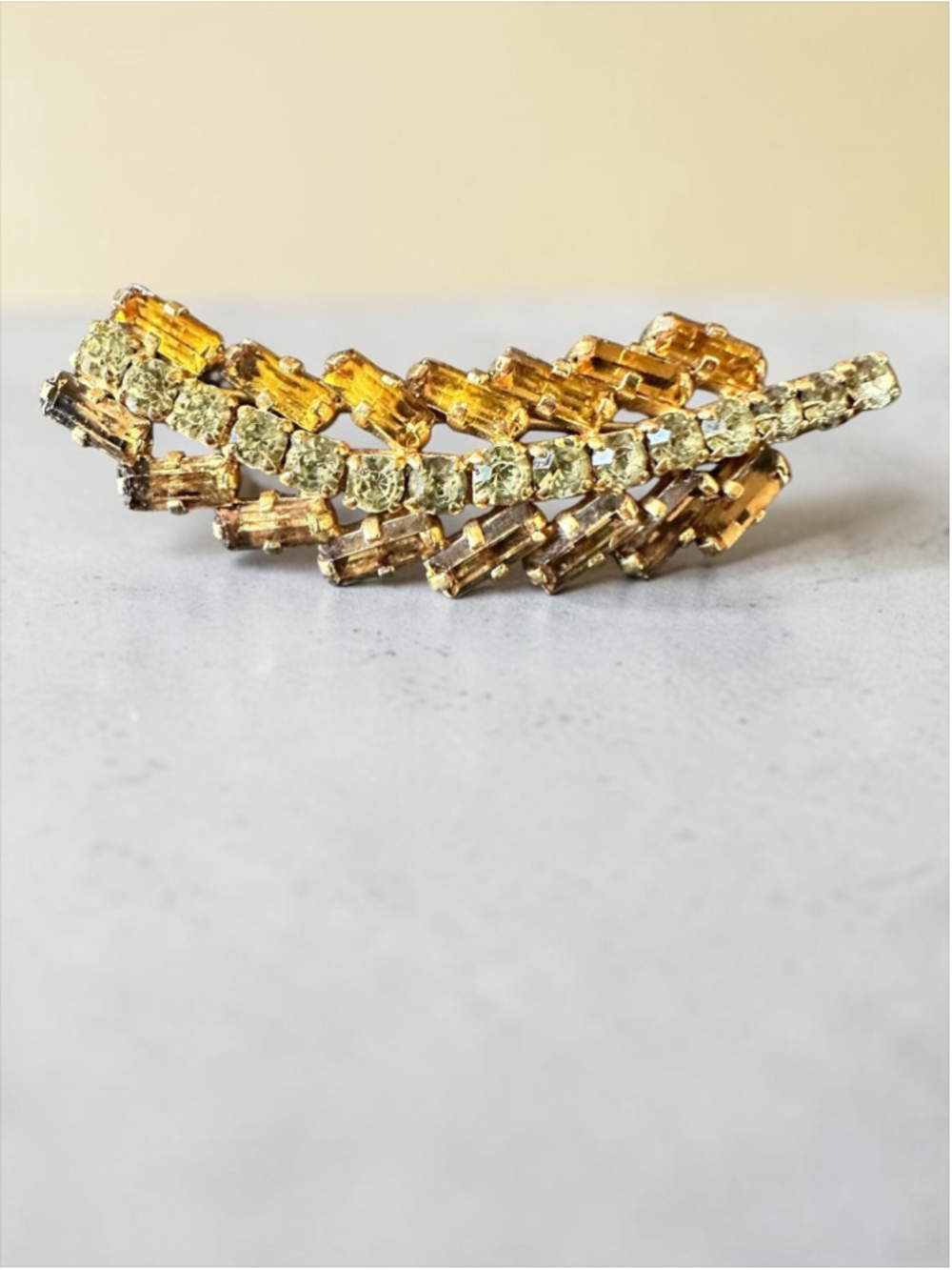 Vintage 1950s Topaz Amber Rhinestone Brooch Pin Leaf 2.25” Feather Mid-Century